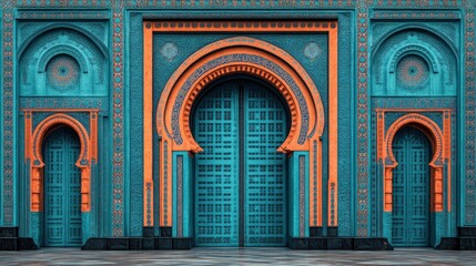 Obraz premium Ornate turquoise and orange arched doors with intricate tilework.
