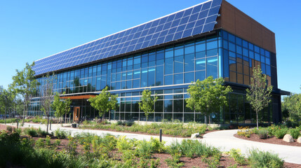 Obraz premium A picture shows an office building with solar panels on the roof. Money is falling from the sky, suggesting the building is saving money with solar energy.