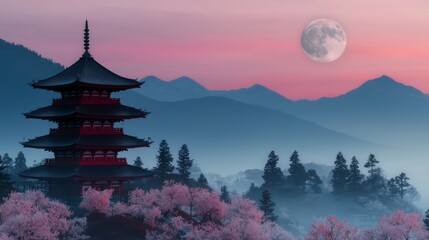 Fototapeta premium Serene landscape featuring a traditional pagoda, cherry blossoms, and a full moon under a beautiful twilight sky.