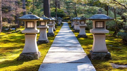 Serene stone lanterns lining a peaceful garden path surrounded by lush greenery.