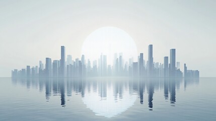 Fototapeta premium Urban Illusion: Commercial CBD Skyline with Exhibition Platforms and E-Commerce Under a Brilliant Sun