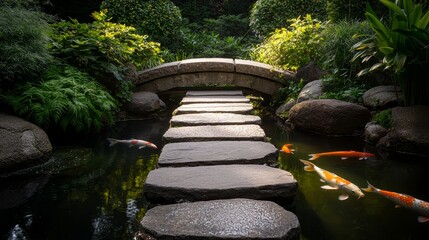 Serene stone pathway over water, surrounded by lush greenery and koi fish, creating a tranquil garden atmosphere.