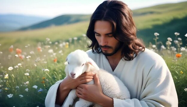 A joyful father like Jesus is in a sunny park, surrounded by nature, holding a sheap and sharing smiles, embodying happiness and love video