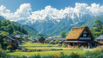Fototapeta premium Traditional Japanese Village Nestled Amidst Majestic Snow-Capped Mountains