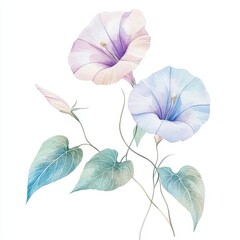 Watercolor Morning Glory flower branch, gentle, elegant on white background 