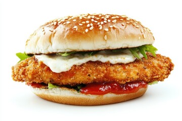 Breaded chicken parmesan sandwich on a sesame bun with melted mozzarella and tomato sauce