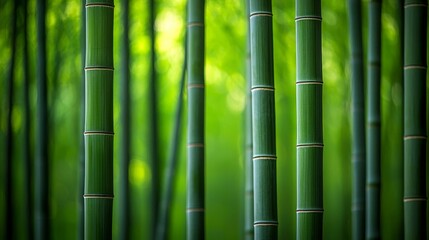 Fototapeta premium Bamboo forest with tall green stalks and soft sunlight filtering through the leaves, creating a serene and tranquil atmosphere.