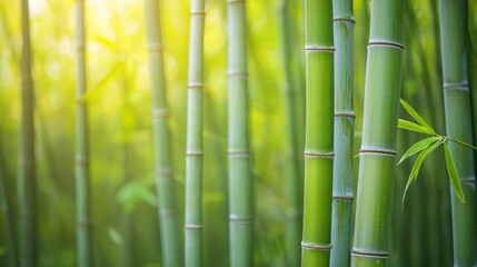 Fototapeta premium Close-up of vibrant green bamboo stalks showing lush nature and tranquility.