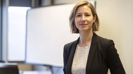 Professional woman in business attire standing confidently in an office environment with a presentation board in the background.