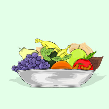 a collection of various fresh tropical fruits in a bowl with green patar