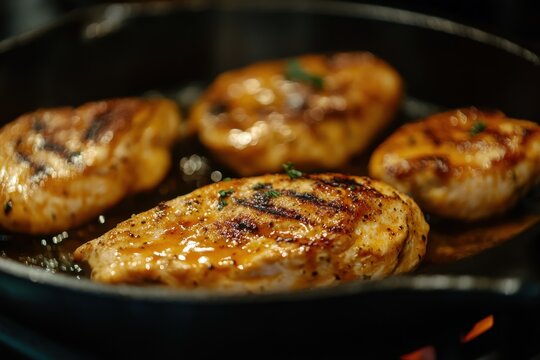 Buffalo chicken breasts on a cast iron skillet with a dark backdrop - Powered by Adobe