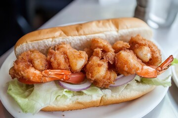 Cajun classic fried shrimp po boy on a toasted bun with toppings New Orleans favorite