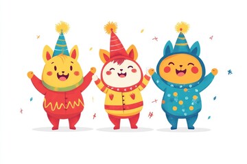 Fototapeta premium Festive New Year Character in Colorful Costume - Joyful Flat 2D Design for Holiday Promotions