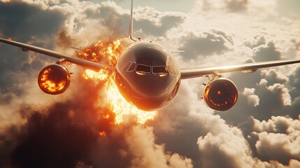 A dramatic scene featuring an airplane engulfed in flames during flight against a moody sky, capturing an intense moment of crisis in aviation.
