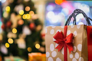 Cozy holiday atmosphere with a gift bag near a Christmas tree
