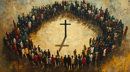 Obraz premium Many people around the cross, christian concept, modern painting 