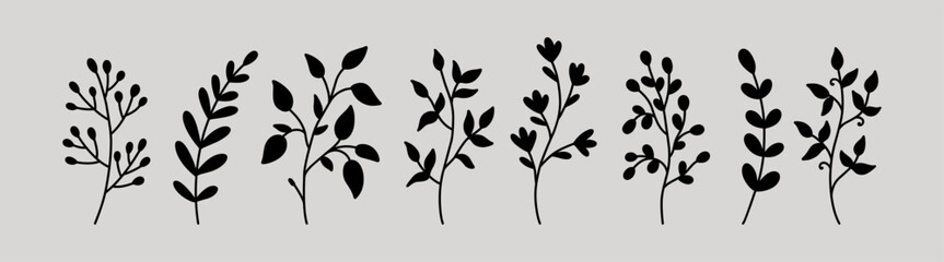 Botanical silhouette elements. Floral doodles. Set of abstract twigs with leaves of different shapes. Hand-drawn vector illustration. Perfect for cards, decorations, various designs.