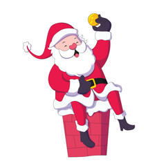 cartoon santa claus sitting on the chimney, smiling looking at the shiny golden ball