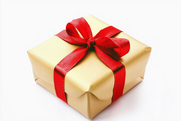 Fototapeta premium Gift wrapped in gold with a red ribbon on a white background