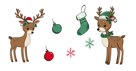 Cute Red and Green Reindeer Christmas .isolated on white background