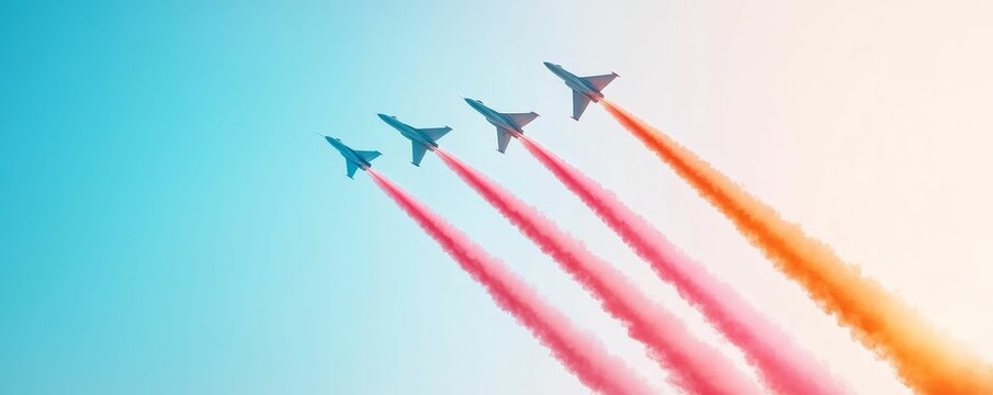 Military jets flying in formation above a Veterans Day parade, leaving colorful trails in the sky
