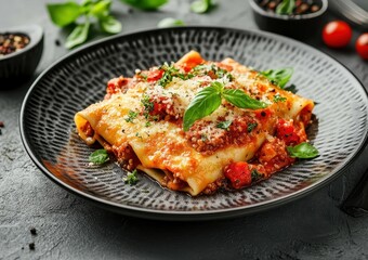 Cannelloni filled with meat topped with tomato sauce and cheese served on a gray plate against a gray backdrop Italian food idea
