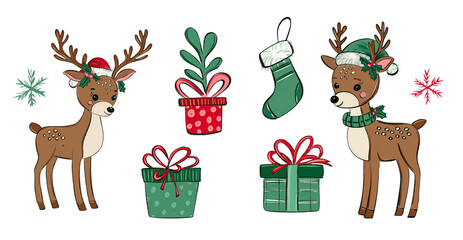 Cute Red and Green Reindeer Christmas .isolated on white background