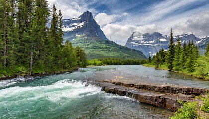 Upper McDonald Creek and Going-to-the-Sun Road with mountain background, Glacier National Park, Montana
