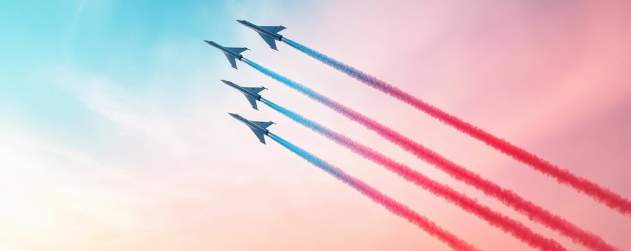 Military jets flying in formation above a Veterans Day parade, leaving colorful trails in the sky