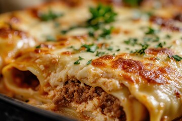 Cannelloni stuffed with meat in béchamel sauce focused shot