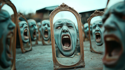 Surreal scene with several distorted faces in mirrors, creating an eerie atmosphere. The faces appear to scream with open mouths, framed by ornate mirrors on a concrete surface.
