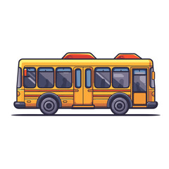 Yellow school bus with a red stripe on the side. The bus is parked on a white background