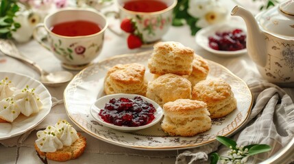 Afternoon snack with butter scones and assorted fruit jam served with English tea set.