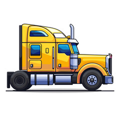 Yellow semi truck is driving down the road. The truck is a semi truck, which is a large vehicle used for transporting goods