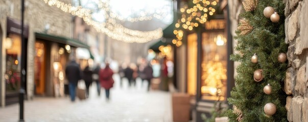 Fototapeta premium Shoppers enjoying a stroll down a charming street filled with local businesses, festive atmosphere