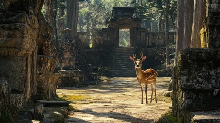 A wild deer standing calmly in the mystical Nara Park, with ancient temples and forested paths in