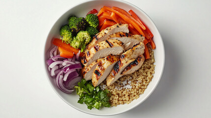 healthy chicken quinoa salad bowl with broccoli and red onion