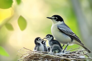 A pied wagtail mother bird stands over her three chicks in a nest, feeding them. The image captures the beauty of nature and the tenderness of motherhood.