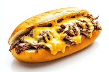 Cheesesteak sandwich with melted cheese on white background