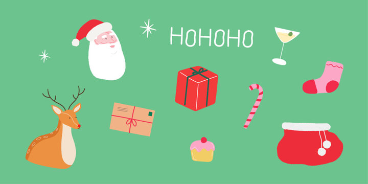 Festive Vibes Christmas icon set vector illustration Santa, Rudolf, Presents