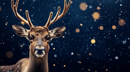 Banner with real reindeer with large antlers, set against a dark blue magical Christmas-themed background, copy space, free space for text