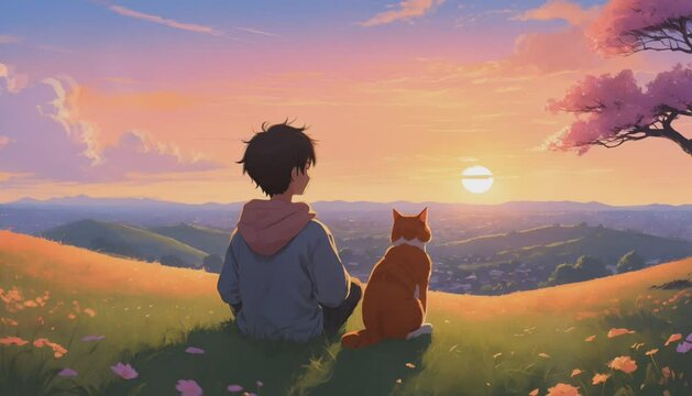Silhouetted figure boy and cat companion peacefully watching colorful sunset over rolling hills landscape in dreamy artistic style, relaxing lofi loop animated background