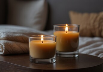 aroma candle on the coffee table close-up, against the backdrop of the bedroom