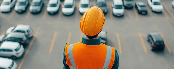 A construction worker in an orange uniform and helmet observes a parking lot filled with cars.