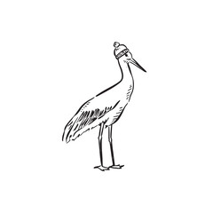 Side profile stork wearing a warm winter hat. Side profile animal wearing clothing. Vector sketched in black and white.