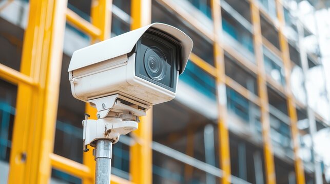 A security camera is mounted on a pole, focused on a construction site with a modern building framework in the background.