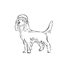 A cute dog wearing a Christmas hat. Hand drawn in black and white sketch style. 