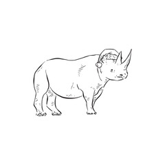 A rhinoceros  side profile hand drawn illustration wearing a santa hat. Black and white line drawing. Horns, Africa, Fauna.
