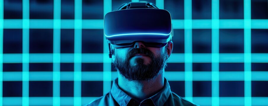 A man wearing a virtual reality headset stands against a glowing blue grid background, creating a futuristic and immersive atmosphere.