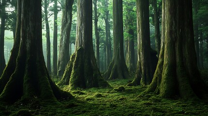 Fototapeta premium Moss-Covered Tree Trunks in a Lush Green Forest